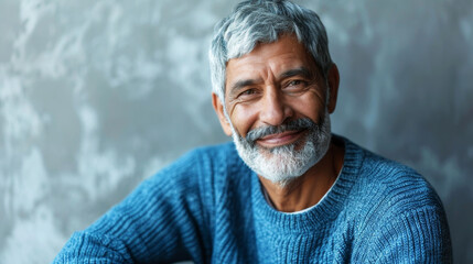 Portrait of a cheerful Indian senior man with short gray hair in casual wear