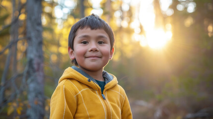 Portrait of a happy Indigenous Canadian child in nature with sunset