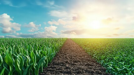 Wall Mural - A barren field next to a thriving farm, illustrating the impact of climate on agriculture