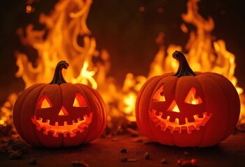 Wall Mural - Halloween pumpkins are engulfed in powerful flames