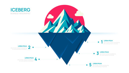 Iceberg infographic template for business. 5 steps to success. Presentation slide template, flat design, presentation vector infographics.