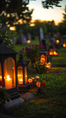 Poster - Serene Cemetery Scene at Dusk with Lantern Light and Fresh Flowers  