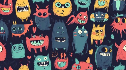 Wall Mural - Adorable Doodle Monsters in a Seamless Vector Pattern for Design