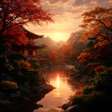 Ilustracja przedstawia japoński ogród o zachodzie słońca. W tle widzimy oryginalne domostwa. Piękno podkreśla równie płynąca przez teren rzeka nadając grafice charakterystycznego klimatu.