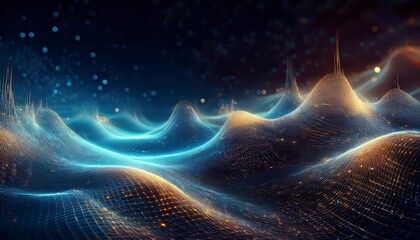 Abstract digital wave of glowing particles in blue and orange colors. Generated image