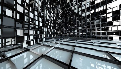 Wall Mural - Three-Dimensional Black Grid Abstract Art with Artistic Perspective and Architectural Elements in a Spatial Background