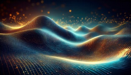 Abstract digital wave of glowing particles in blue and orange colors. Generated image