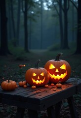 Sticker - Halloween Jaock O lantern pumpkins on an old wooden table in a spooky forest at night