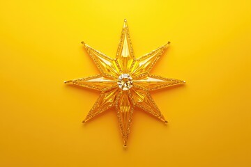 Wall Mural - golden Christmas star jewels sticker isolated on yellow background