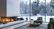 © visoot - Cozy interior with a minimalist white fireplace, grey and green furniture, and a large window overlooking a snowy landscape, the fire softly glowing. Generative AI.