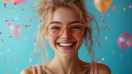 Wall Mural - Portrait of happy young woman in eyeglasses with confetti on blue background