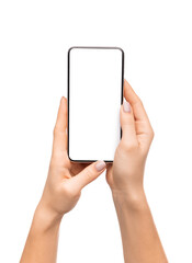 Fototapete - Modern smart phone with blank screen in woman's hands, isolated on white background