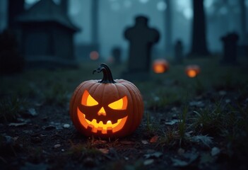 Sticker - A Jack O lantern on the soil of a creepy cemetery at night, copy space on a side - Halloween