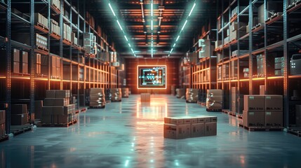 Fototapete - A high-tech warehouse with numerous boxes stacked on the shelves and pallets, big data visualization on glass walls showing rows of virtual screens displaying real-time delivery infographics.