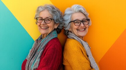 Two elderly women with gray hair and glasses stand back-to-back, smiling warmly. They wear bright sweaters and are set against a lively, colorful wall