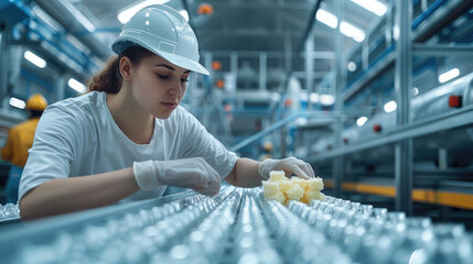 Wall Mural - Worker sorting defective products during production, factory and production line. Generative AI.