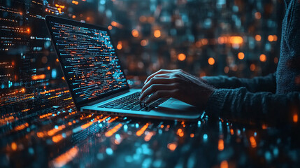Developing programmer, software developer coding computer code on laptop computer. Digital software development. Website and mobile app design and coding technologies.

