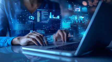 Developing programmer, software developer coding computer code on laptop computer. Digital software development. Website and mobile app design and coding technologies.

