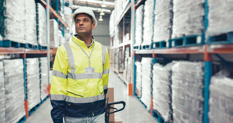 Wall Mural - Logistics, man and trolley in warehouse with packaging, storage and shelf for loading. Export, worker and boxes in inventory for shipping, inventory management and distribution of goods at supplier