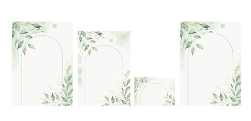 Wall Mural - Greenery wedding invitation card template with watercolor leaves.