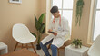 © Krakenimages.com - A young hispanic male doctor in a clinic waiting room using a tablet, wearing glasses, with plants and modern furniture around him.
