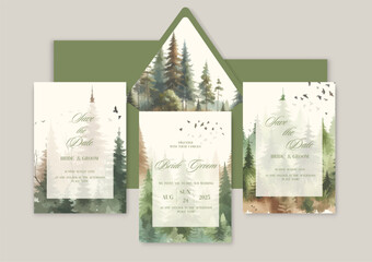 Wall Mural - Rustic greenery wedding invitation card template with watercolor Pine Tree Forest.