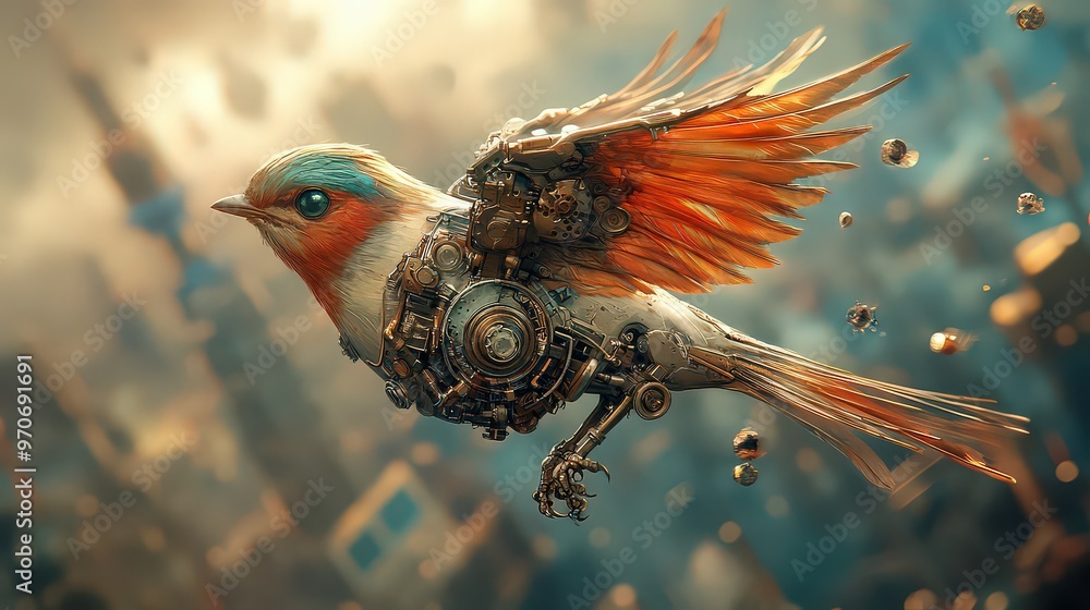 Robotic bird with mechanical wings soars, blending nature with advanced ...