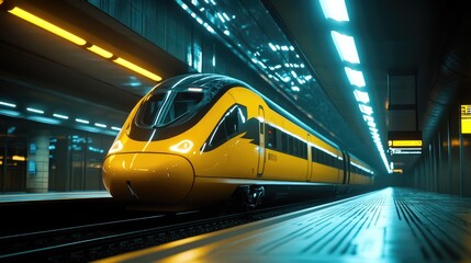 Vibrant Yellow Train at a Polished Station Platform Under Bright, Shining Lights