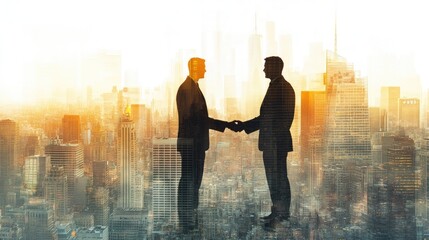 Wall Mural - Two businessmen shaking hands in front of a city skyline at sunrise, symbolizing a successful partnership and a bright future.