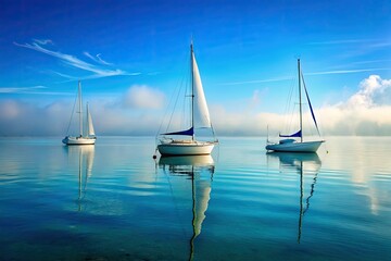 weathered white sailboats bobbing gently in calm blue waters against misty horizon whispering secrets of peaceful escapes