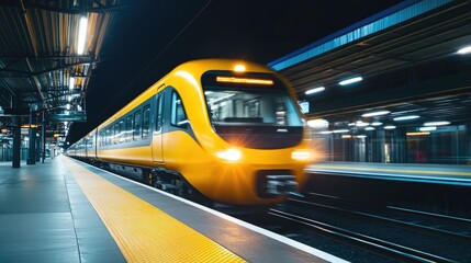 Vibrant Yellow Train at a Polished Station Platform Under Bright, Shining Lights