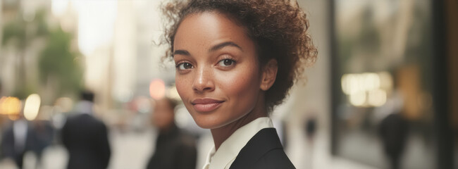 Young Professional Woman Smiling Outdoors. A portrait of a young African American woman with light brown skin and curly hair, standing confidently in a city setting with soft natural lighting.
