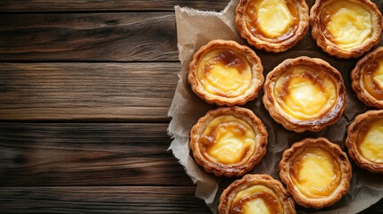 Traditional portuguese custard tarts on wooden