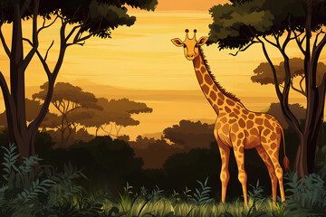 A serene sunset scene featuring a giraffe amidst lush trees and vibrant foliage.