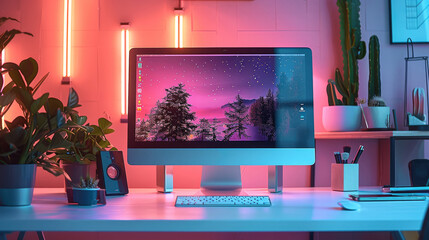 Sticker - A sleek and modern digital workspace, with vibrant yet calming pastel tones of lavender, soft blue, and light peach. A minimalist computer screen. Generative AI.