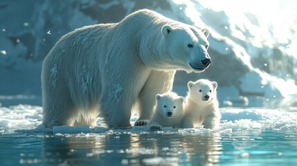 A polar bear mother and her two cubs stand on a melting ice floe in the Arctic. The sun shines brightly behind them, casting a warm glow on the scene.