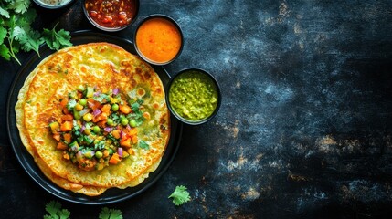 South Indian breakfast: savory uthappam with mixed vegetables, accompanied by chutneys and sambar. Top view with space.