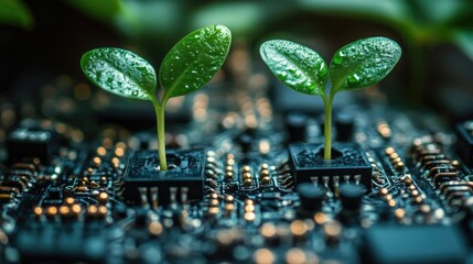 Two green sprouts growing from a circuit board, symbolizing the concept of sustainable technology or the future of technology.