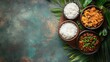 © SETSU 21 - Traditional Sri Lankan breakfast: kiribath (milk rice) with lunu miris and coconut sambol. Top view with space for copy.