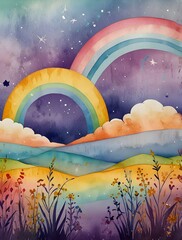 Wall Mural - Landscape with fields of flowers, mountains and colorful sky