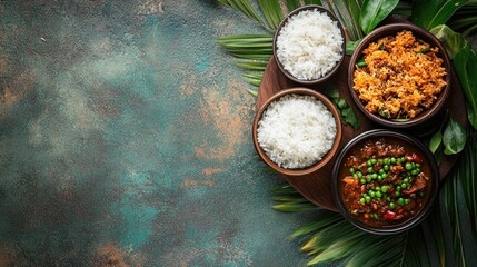 Traditional Sri Lankan breakfast: kiribath (milk rice) with lunu miris and coconut sambol. Top view with space for copy.