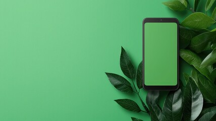 A modern smartphone on a vibrant green background surrounded by fresh leaves, ideal for tech and nature-themed designs.