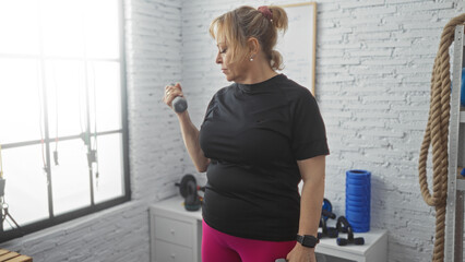 Middle-aged caucasian woman exercising with dumbbells in an indoor gym setting.