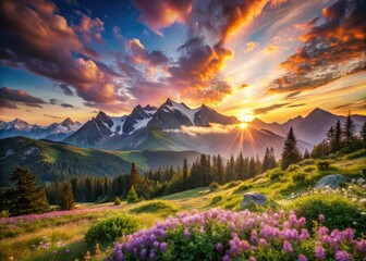 Breathtaking vista of towering mountain ranges beneath a swirling purple and blue sky with puffy white clouds, warm sunrise light, and alpine flowers.