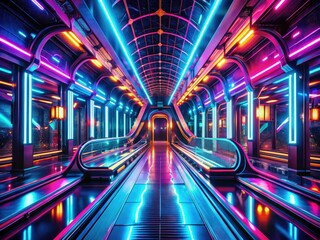 stunning futuristic fine art photography with bold neon lights and sleek metallic textures evoking innovation and progress