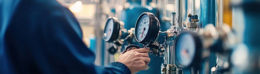 Close-up of a worker's hand adjusting industrial gauges.