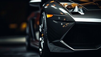 Close-up view of a sleek sports car showcasing its curves and details in a dimly lit garage