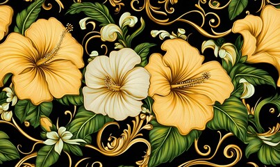 Seamless pattern with tropical flowers and golden decor