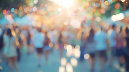 Wall Mural - Abstract blur people in festival city park bokeh background. Summer festival holiday or celebration party concept