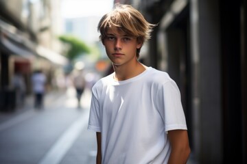 Wall Mural - A young man in a white shirt stands on a sidewalk in front of a building